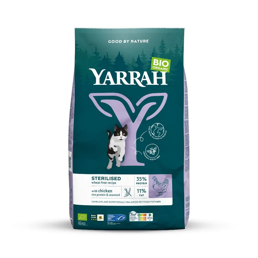 YARRAH - БИО КОТЕШКА ХРАНА СУХА ПИЛЕ И РИБА БЕЗ ЗЪРНО ЗА КАСТРИРАНИ КОТКИ - 700 г